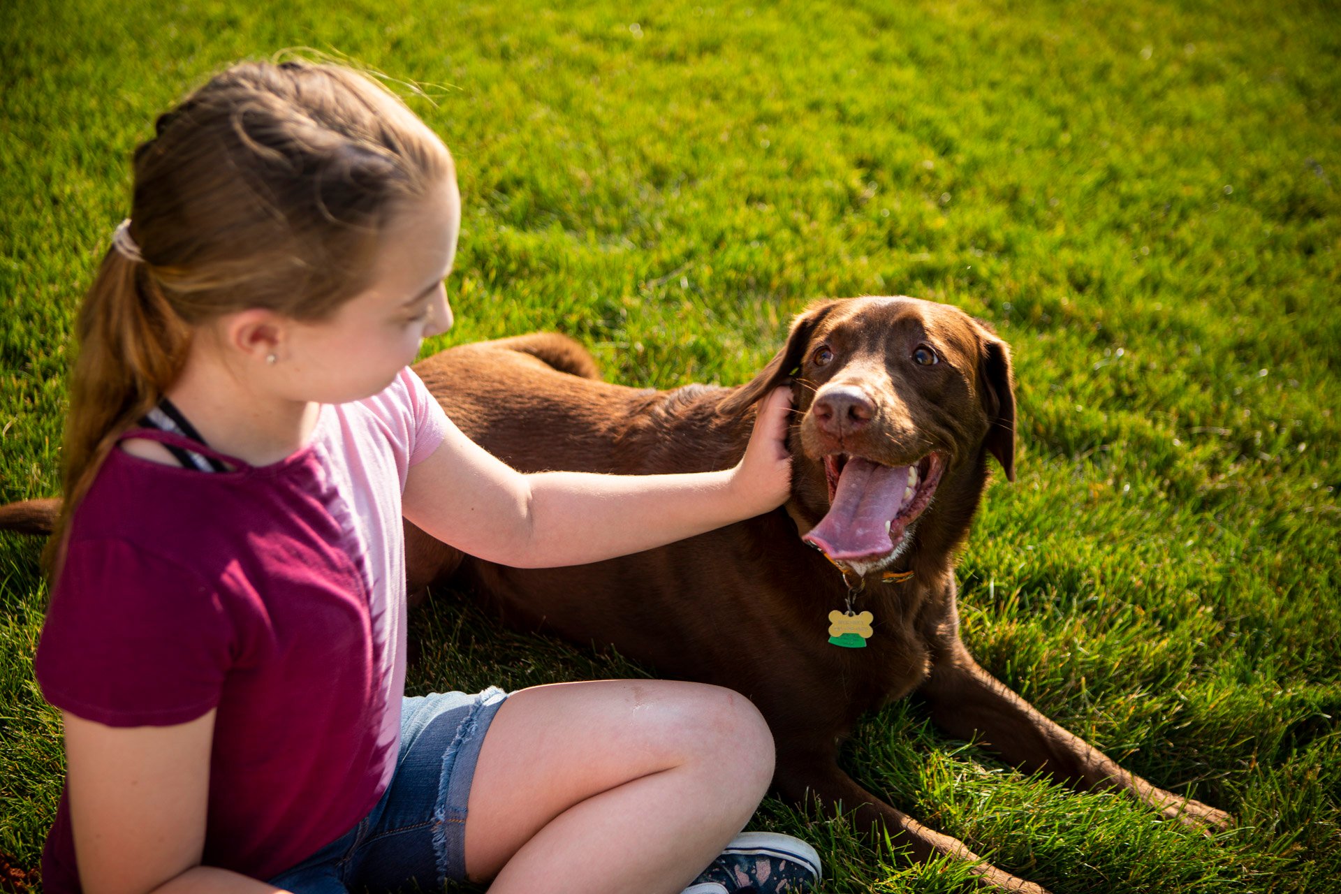 Child and dog in lawn with mosquito, flea, and tick control