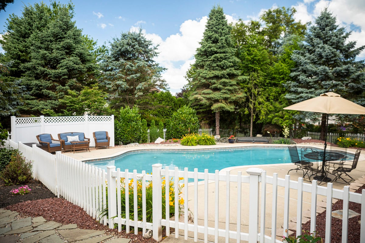 pine trees around pool