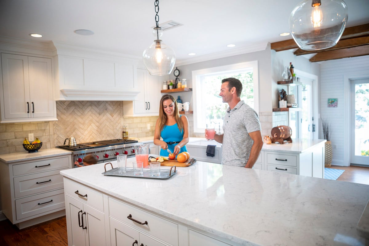 family in clean kitchen