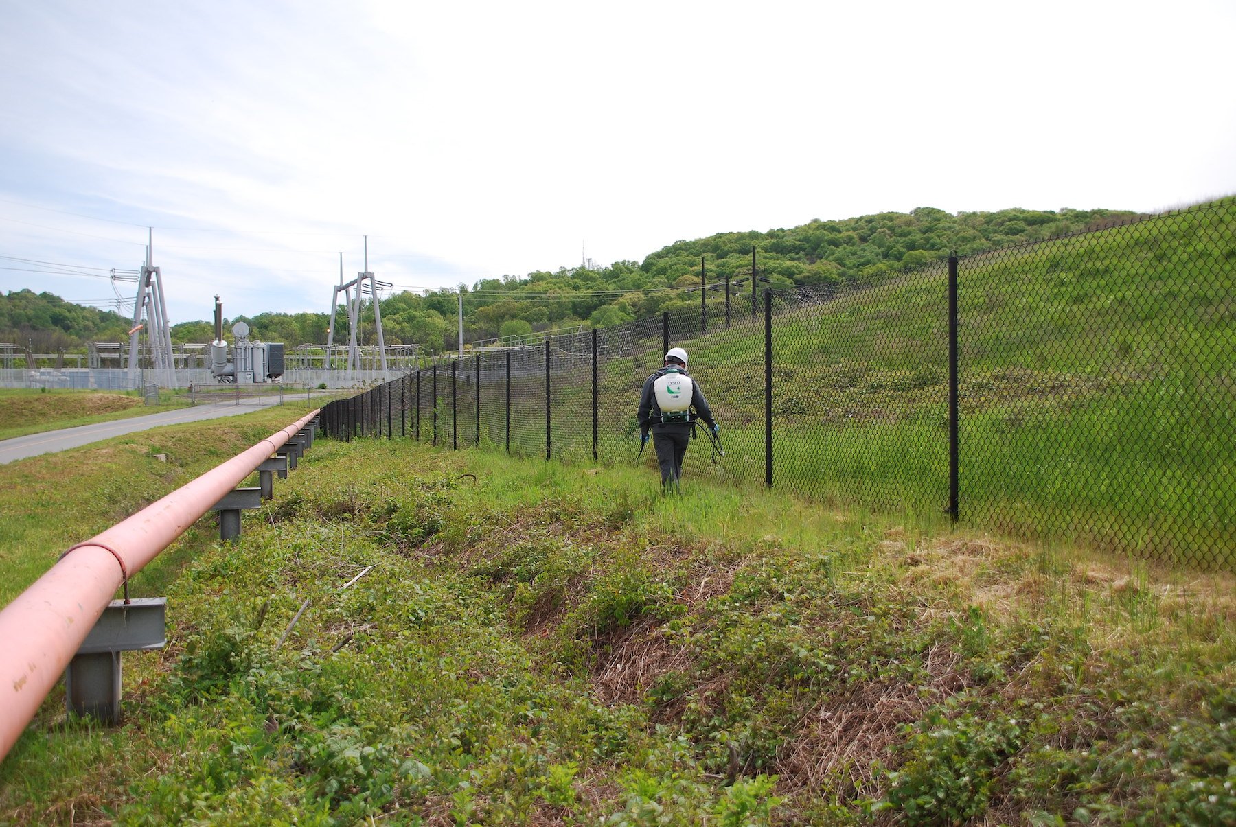 Landscape technician performing vergetation management services on commercial property