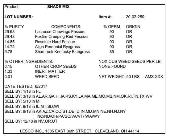 Shade grass seed label