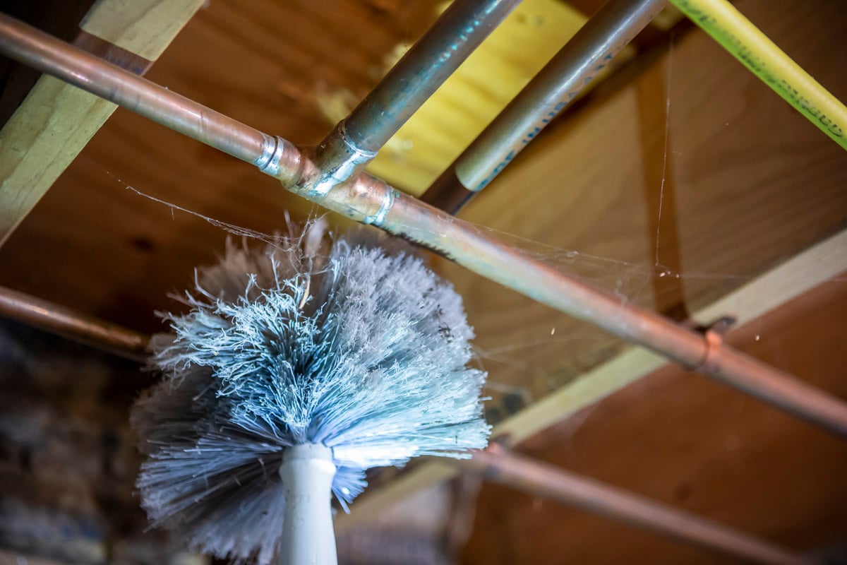 pest control technician sweeping spider webs from basement rafters
