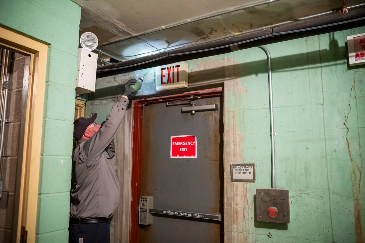 pest control technician sprays for bugs in basement