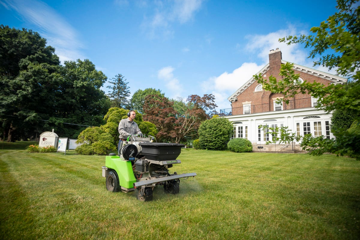 commercial lawn care technician spraying