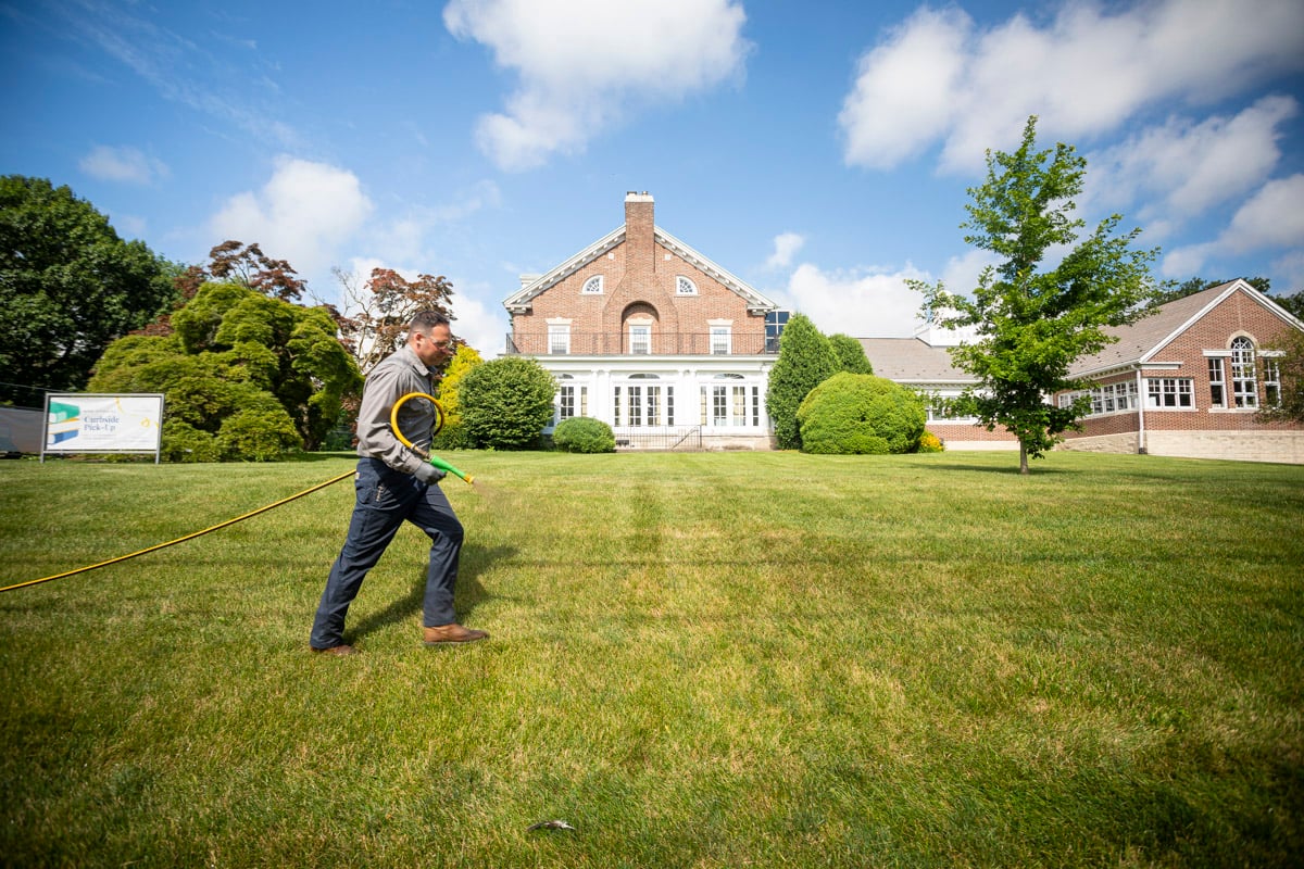 Lawn care technician spraying weeds