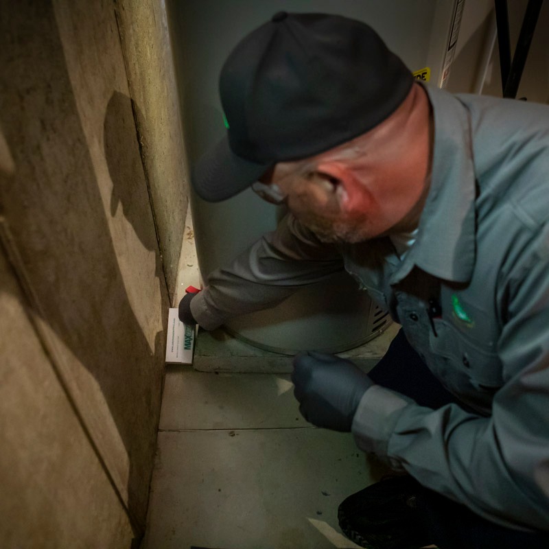 technician pest control basement mouse glue trap 3
